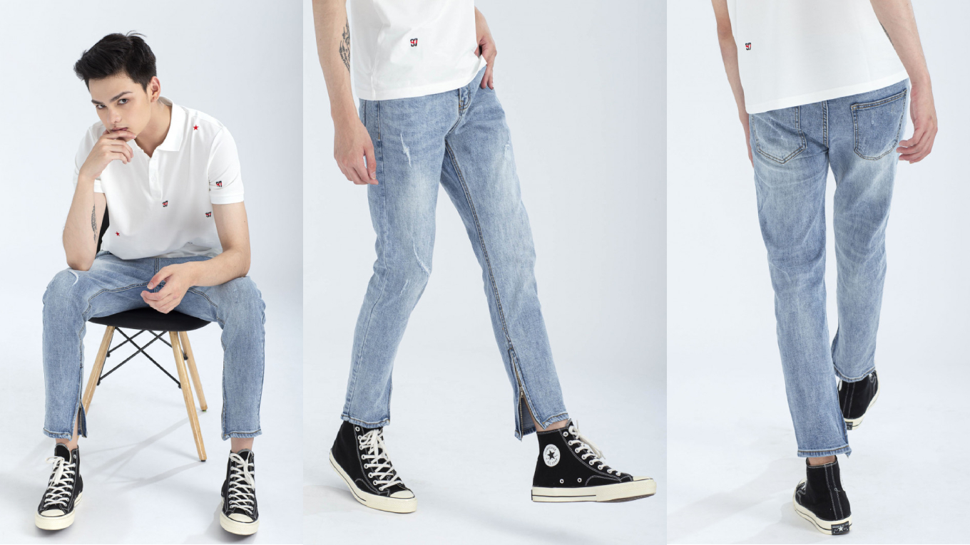 Long jeans and a round neck T-shirt Cb6